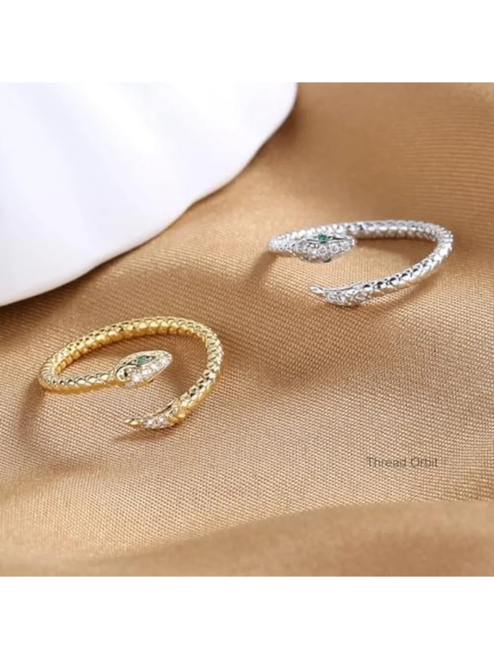 925 Sterling Silver 14k Gold Plated Adjustable CZ Snake Ring Stacking Band